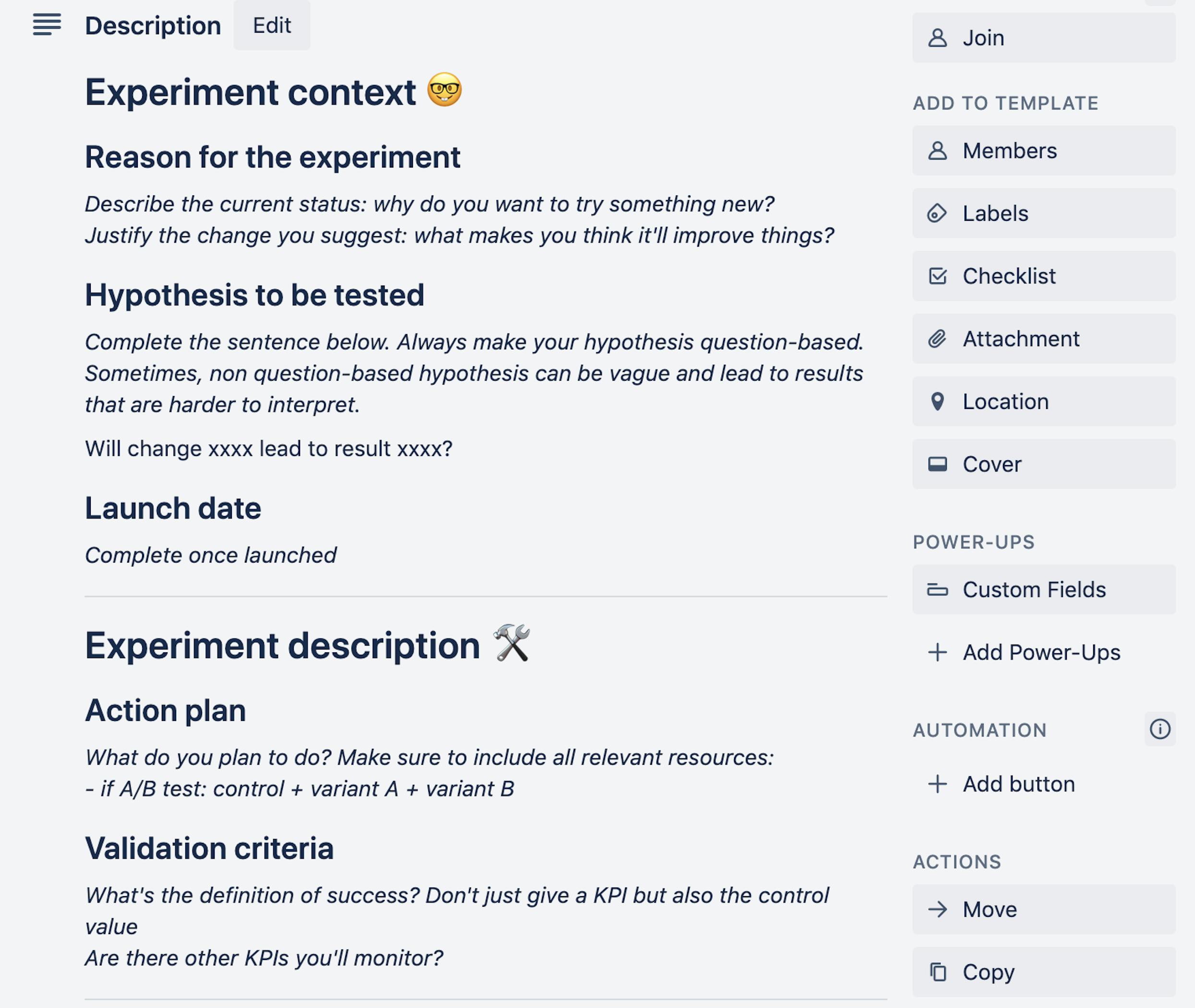 An example of our experimentation mindset on Trello
