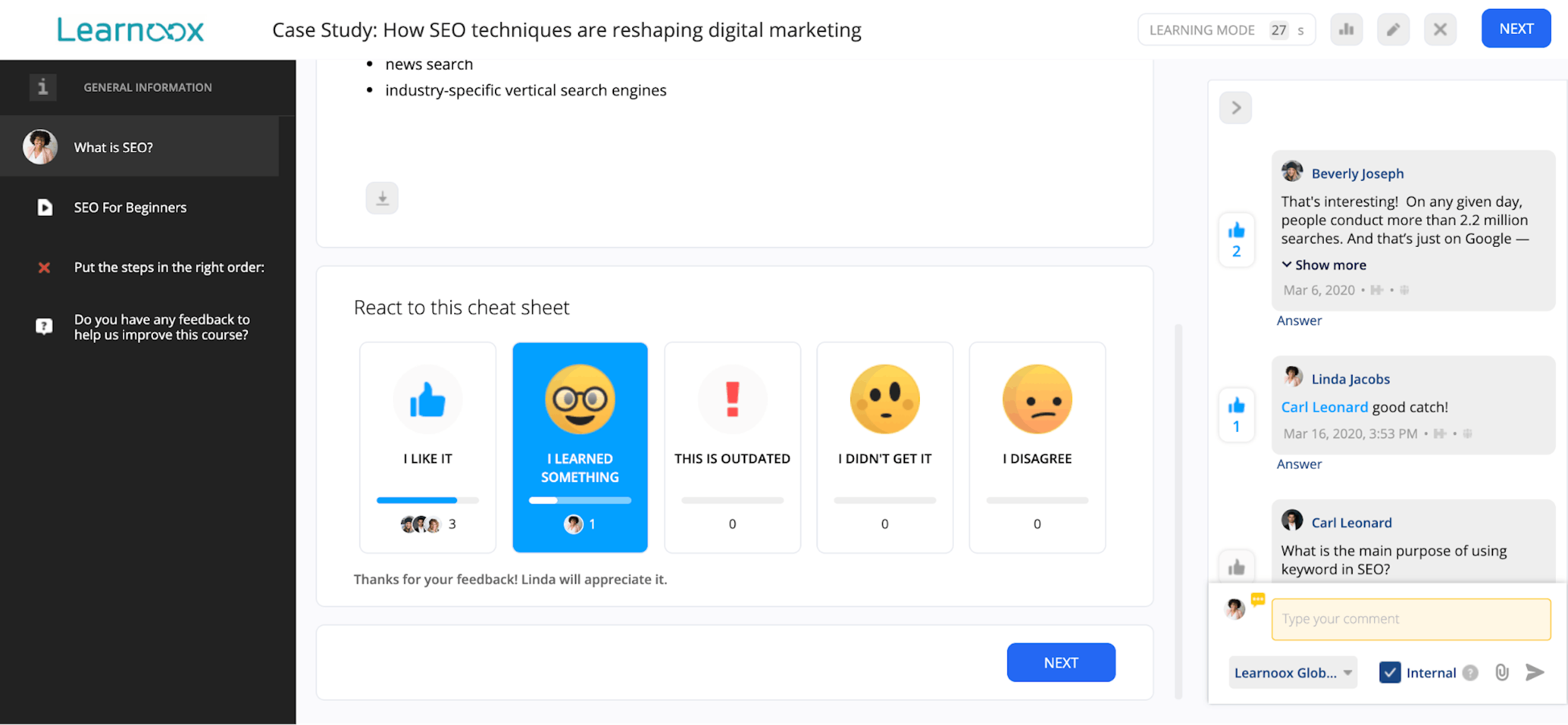 Reactions on 360Learning platform